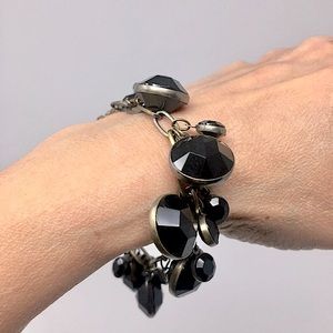 Black Faceted Large and Small Round Drop Beaded Bracelet on Antique Brass Chain